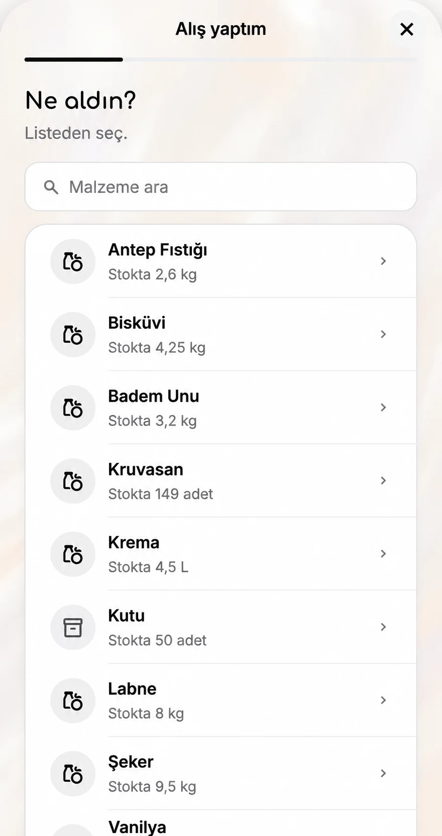 Çetele'de Alış yaptım ekranı: malzeme listesi ve stok miktarları