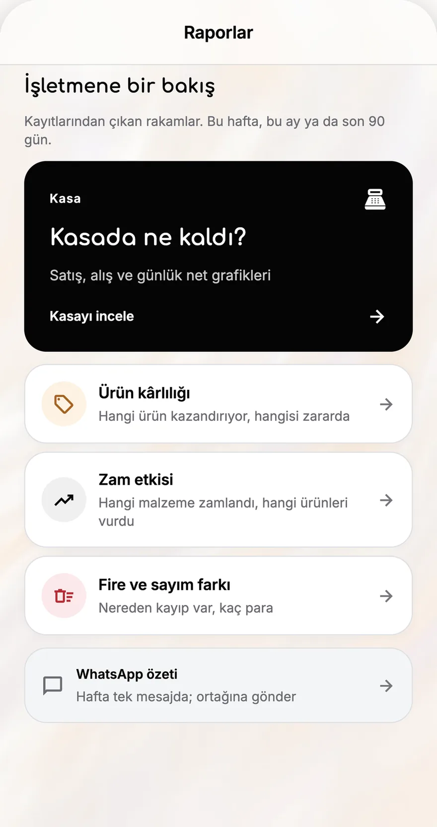 Çetele Raporlar ekranı: Kasa, Ürün kârlılığı, Zam etkisi, Fire ve sayım farkı