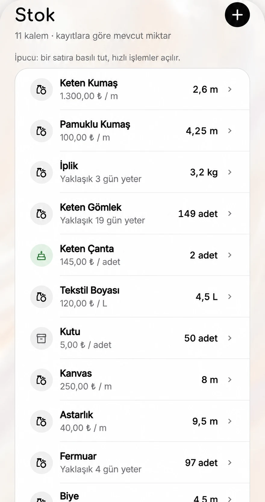 Çetele Stok ekranı: 11 kalem, miktarlar ve kaç gün yeteceği