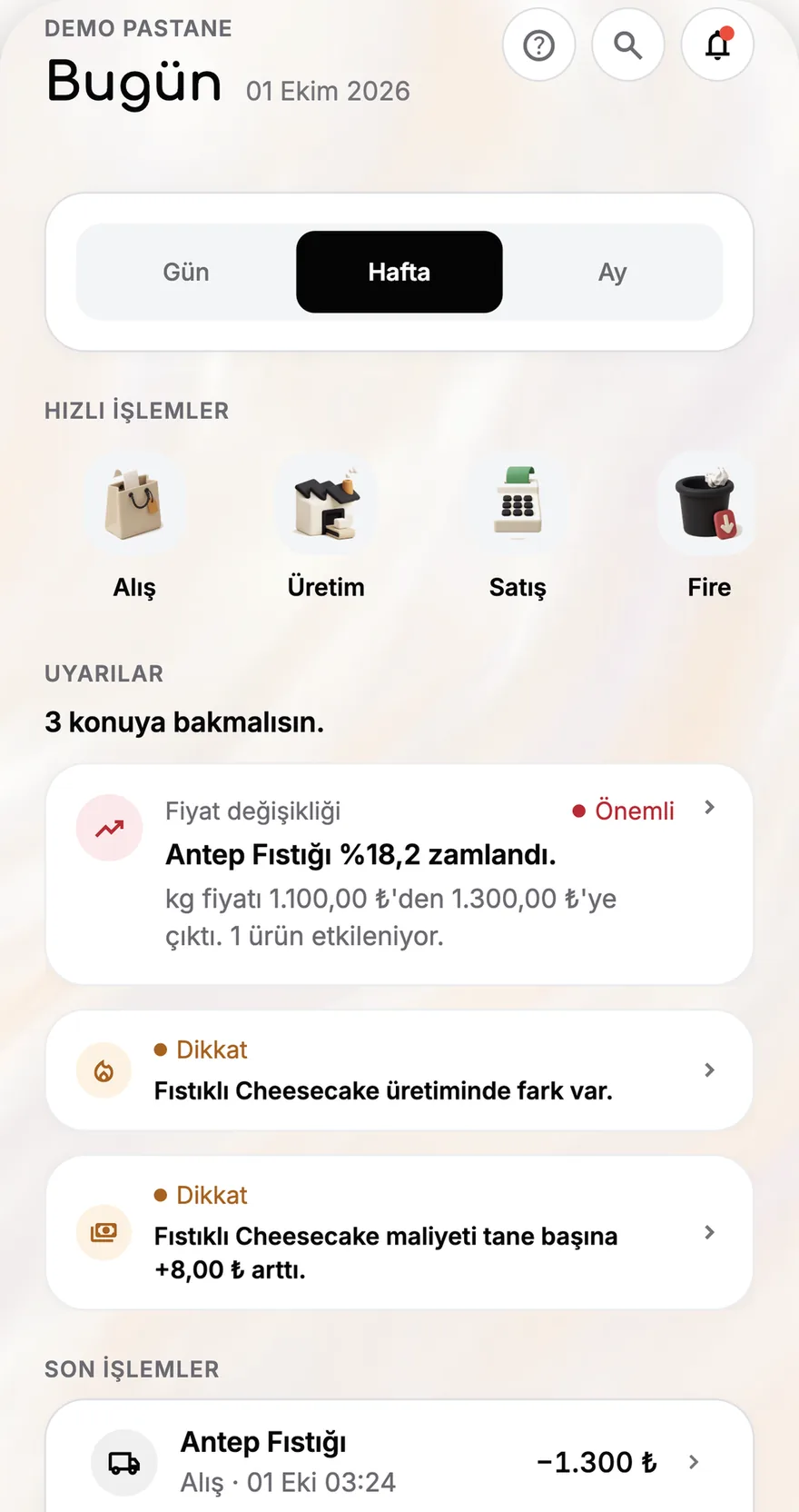 Bugün ekranında üretim farkı uyarısı